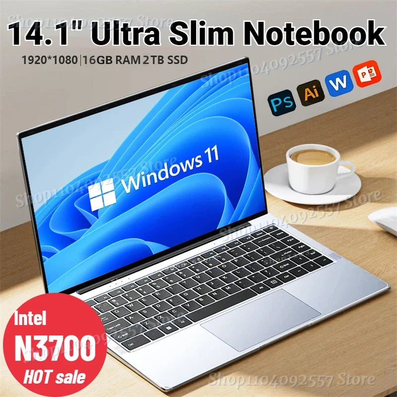 14.1" Ultra Slim Laptop 16GB RAM 2TB SSD Intel N3700 Notebook Gamer 1920*1080 Display Office Study Computer PC Windows 11 Pro