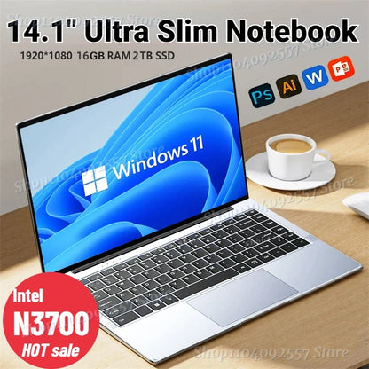 14.1" Ultra Slim Laptop 16GB RAM 2TB SSD Intel N3700 Notebook Gamer 1920*1080 Display Office Study Computer PC Windows 11 Pro