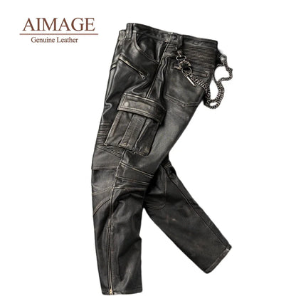 Vintage Men Cowhide Leather Pants Multi Pockets Pantalones De Cuero Moto Ride Pantalon Cuir Travel Windproof Latex Homme PY416