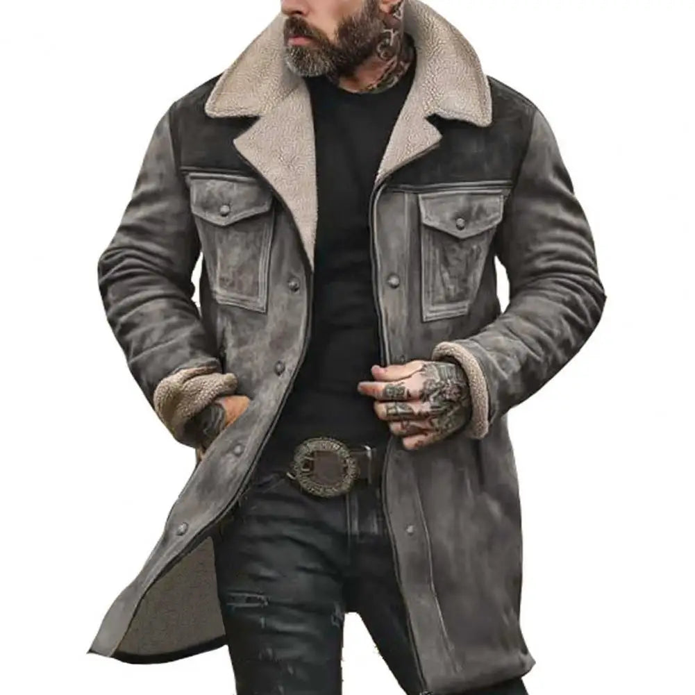 Men Jacket Large Plush Lapel Long Sleeve Vintage Suede Jacket with Pockets Zipper Up Mid-length Motorcycle Coat