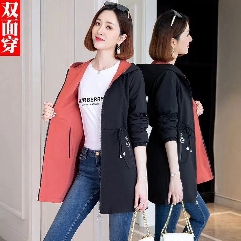 Fashion Double-Sided Wear Trench Coat Women's Mid-Longth Spring Autumn Women's Coats Tops High Quality Hooded Jacket Female Top