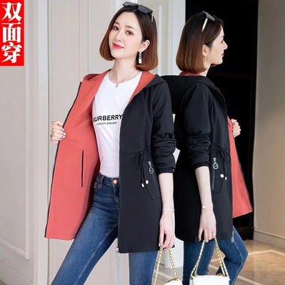 Fashion Double-Sided Wear Trench Coat Women's Mid-Longth Spring Autumn Women's Coats Tops High Quality Hooded Jacket Female Top