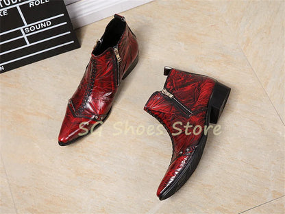 Pointed Toe Rivet Pleated Sewing Short Boots for Men Western Cowboys Boots Pointed Toe Chunky Heel Male Zipper Chelsea Boots