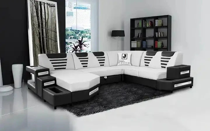 Newest High End Living room sofa U shape LED sofa couch modern new design Genuine Leather Functional Sofa Sets