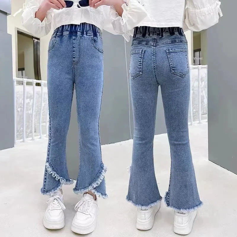 2024 Hem and Stretchable Fabric New Arrival Stylish and Comfy Kids Jeans for Girls with Trendy Flared