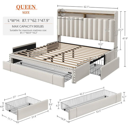 Queen Bed Frame with 3 Drawers, Upholstered , with Headboard,  with Storage, Easy Assembly, Queen Bed Frame