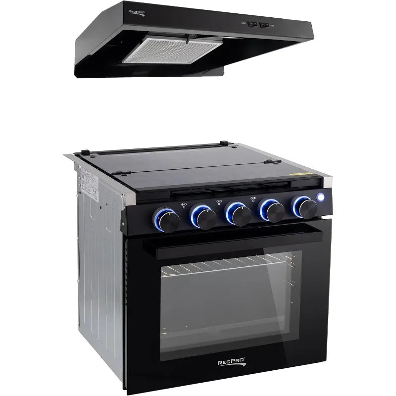 RecPro RV Stove | Gas Range 21" Tall | 3 Burner | 1.8 Cu. Ft 7100 BTU Optional Vented Range Hood Black or Silver Color Options