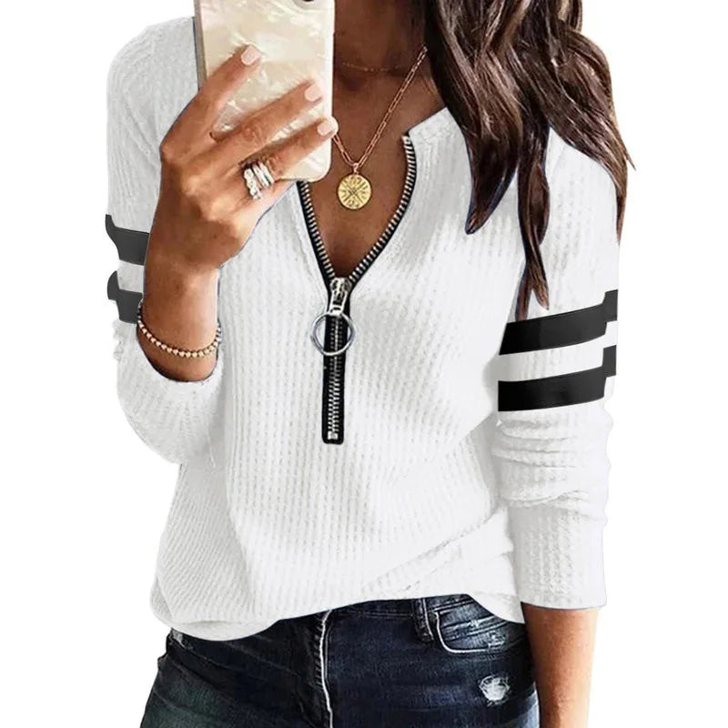 New Spring Fall Stripe Big Zipper Retro Sweater Long Sleeve Sweater Fashion Loose Pullover Womens Winter Sweaters Warm T-shirt