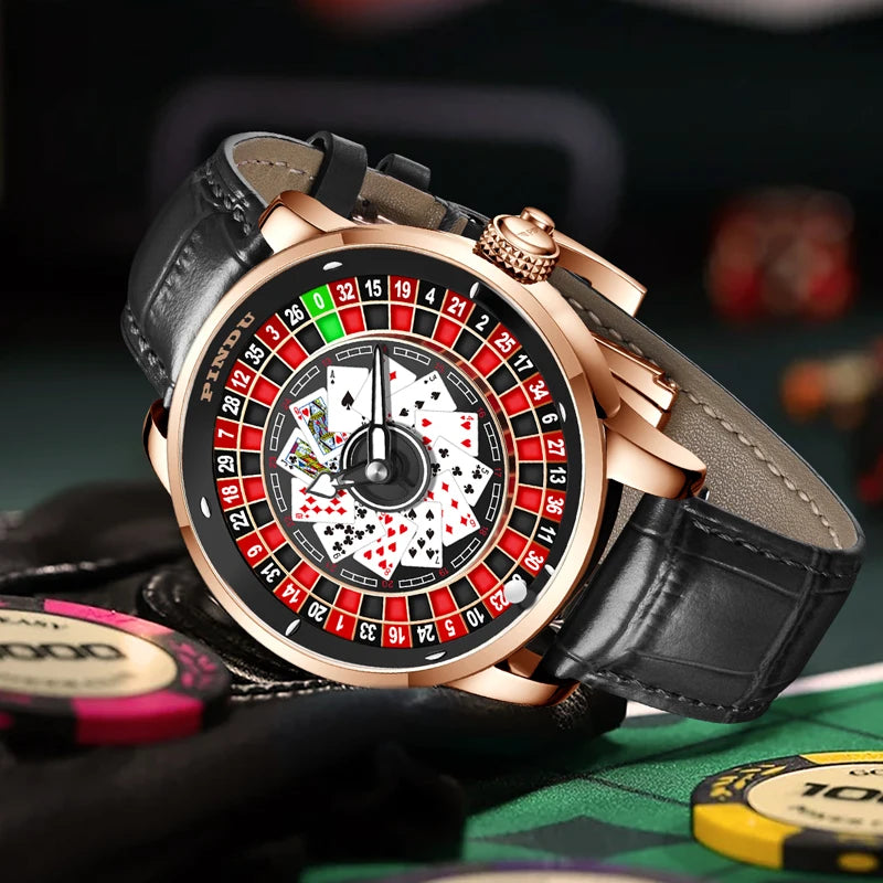 PINDU Design New Mechanical Watch NH35 Poker Rotating Dial Las Vegas Roulette Table Theme Automatic Watch Men's Luminous Hands