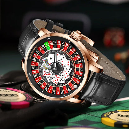 PINDU Design New Mechanical Watch NH35 Poker Rotating Dial Las Vegas Roulette Table Theme Automatic Watch Men's Luminous Hands