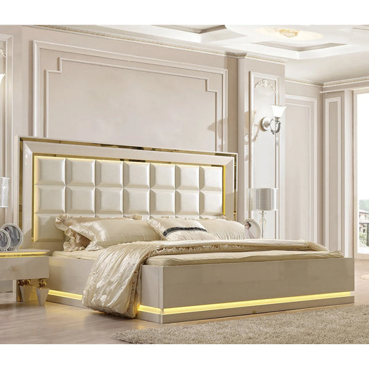 Nordic Style Luxury King Bed Modern Home Furniture Solid Wood And Genuine Leather White Gloss Bedroom Set