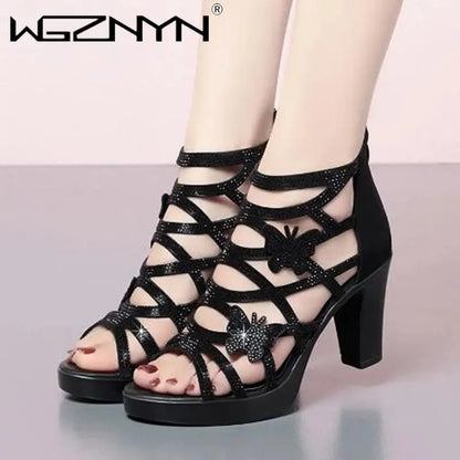 Woman Sandals Women Cyrstal Comfortable Pumps Ladies Fashion High Heels Female Rome Bling Hollow Out Shoes Women's Zip Footwear