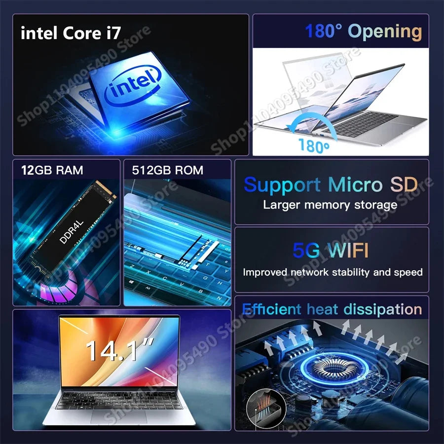 Ultra Slim Laptop 14.1" Intel Core i7-7500U Windows 11 Laptop Computer 16GB RAM 1TB/2TB SSD 1920*1080 Notebook Computer Portable