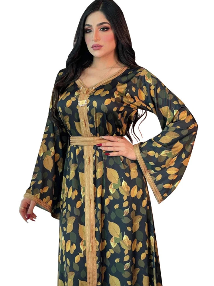 Dubai Print Muslim Women Dress Turkey India Ramadan Abaya Belt Dresses  Islamic Vestido Moroccan Kaftan Arab Elbise Autumn