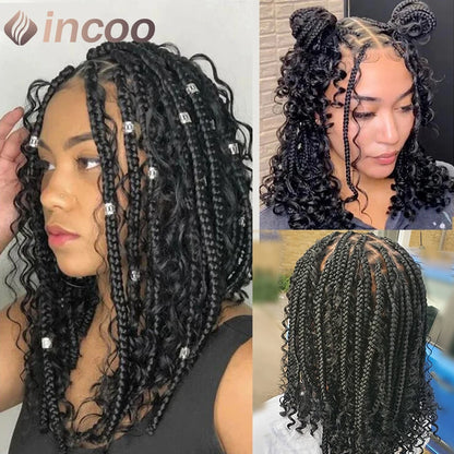 12 Inch Short Bob Braids Wig Goddess Boho Knotless Braid Wig Transparent 360 Full Lace Curly Synthetic Wig Pre-Plucked Baby Hair