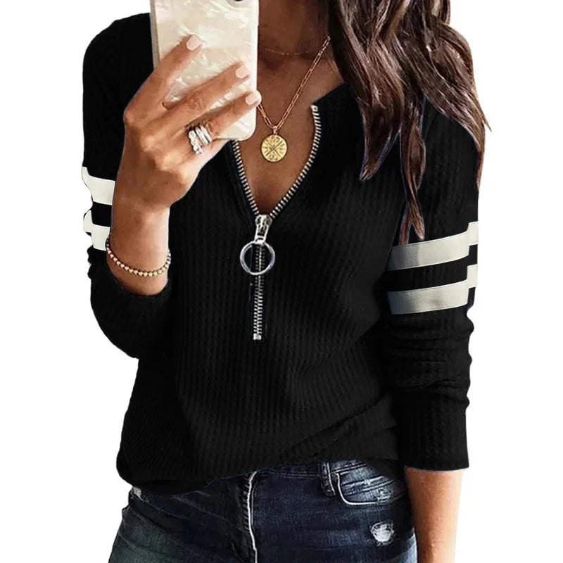 New Spring Fall Stripe Big Zipper Retro Sweater Long Sleeve Sweater Fashion Loose Pullover Womens Winter Sweaters Warm T-shirt