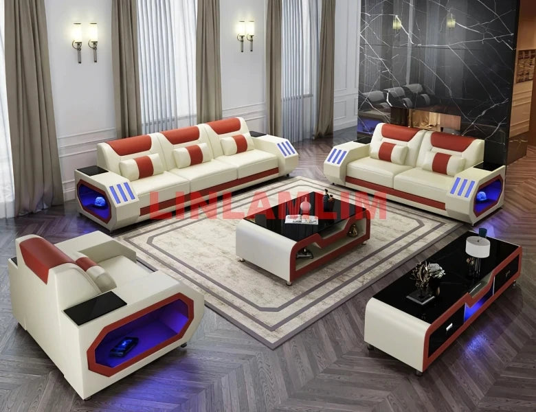 MANBAS Leather Sofa Set with LED Light Living Room Furniture Couch Sofas Modernos Para Sala Grandes Sofás with USB Charging,Tabl