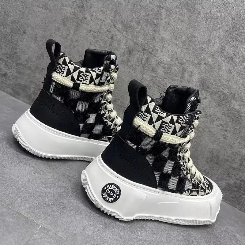 Retro Mixed Color Checkerboard Canvas Shoes Fashion Round Toe Chunky Bottom Height Increasing Man's Sport Shoes Ankle Boots