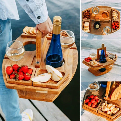 Outdoor Tables Wooden Folding Picnic Table with Glass Holder Round Foldable Desk Wine Glass Rack Collapsible Table Snack Tray