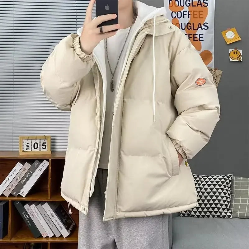 Men's Thickened Warm Cotton Coat Hooded Puffer Jacket Loose Fit Style Winter Parkas Versatile Two-piece Illusion Padded Jacket