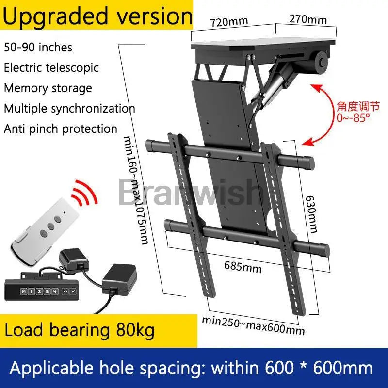 50-90" Ceiling TV LIFT Electric Remote Control Rotating Bracket Support Motorized Stand Adjustable Techo Mount Wall Holder