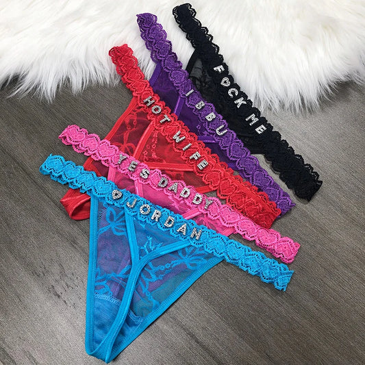 M L XL Size Custom Name Panties Crystal Letters Personalised Thongs Women Lace Bikini G-String Girlfriend Birthday Hotwife Gift