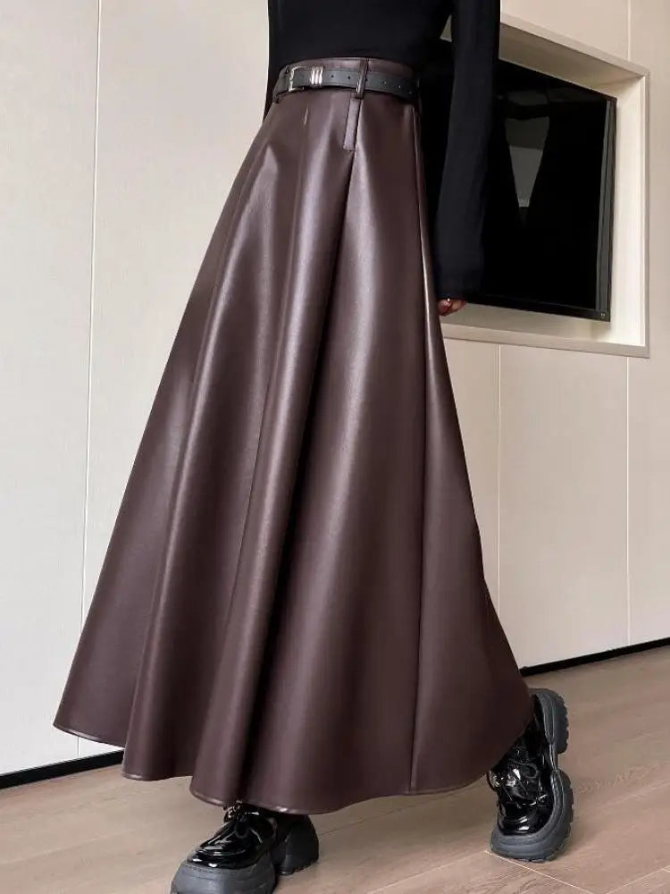 Women Black Elegant Party Pleated Long Skirt Fall Winter French Leisure Retro Brown High Waist Slim Pu Leather Half Length Skirt