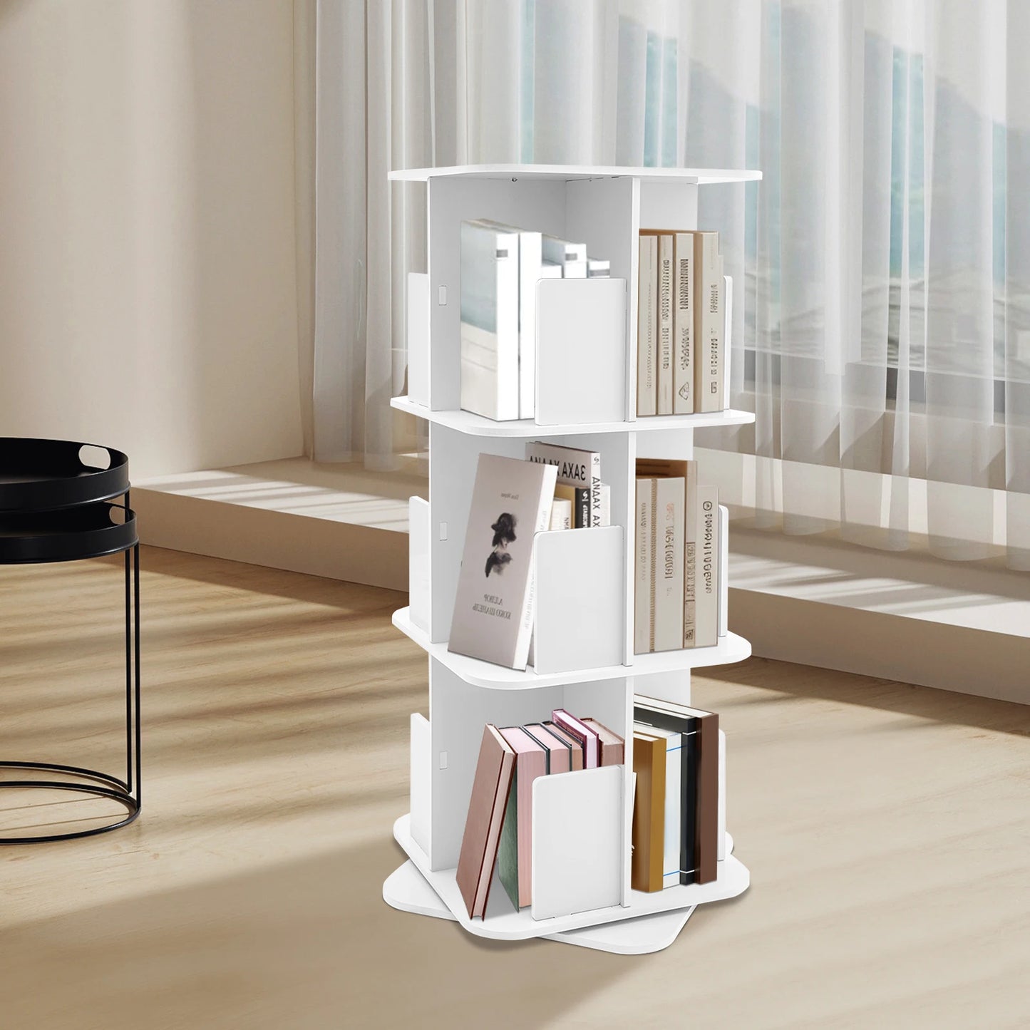 Good Stability 3 Tier Standing Bookcase 360° Rotating Bookshelf Space-Saving for Bedrooms/Living Rooms/Game Rooms Safe Baffle