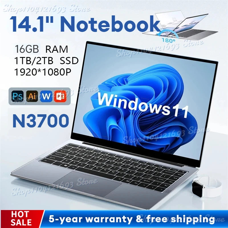 Ultra Slim Laptop 14.1" 16GB RAM 2TB SSD Intel N3700 Notebook Gamer 1920*1080 Display Office Study Computer PC Windows 11 Pro