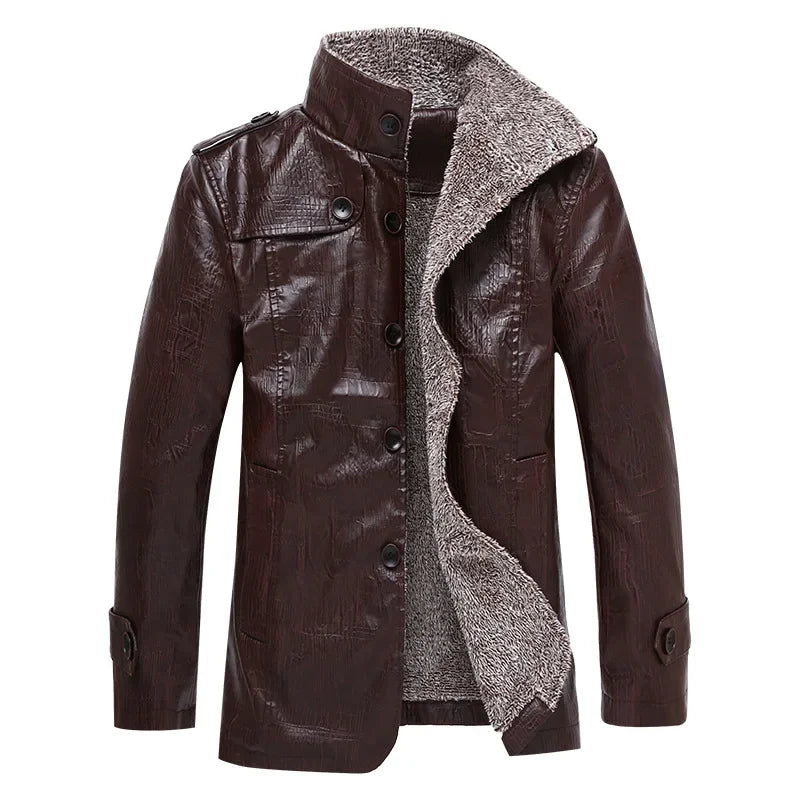 Autumn/winter Men's Fleece-lined Leather Jacket Medium-length Casual Korean Style Motorcycle Pu Leather Jacket Thickened