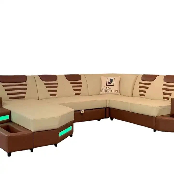 Newest High End Living room sofa U shape LED sofa couch modern new design Genuine Leather Functional Sofa Sets