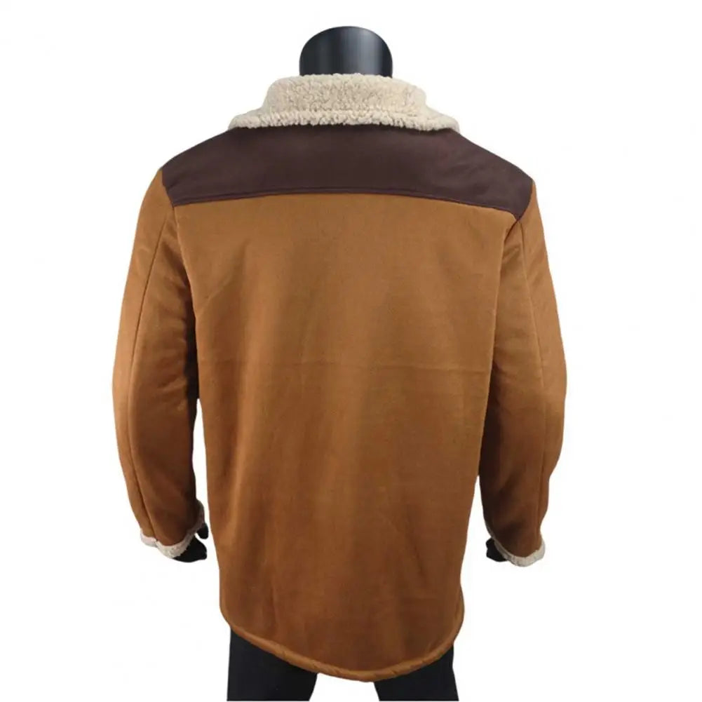 Men Jacket Large Plush Lapel Long Sleeve Vintage Suede Jacket with Pockets Zipper Up Mid-length Motorcycle Coat