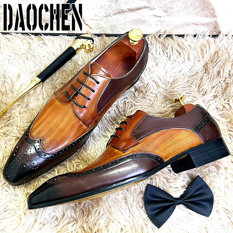 Luxury Brand Men Leather Shoes Lace Up Pointed Toe Mixed Colors Brogues Oxford Mens Dress Shoes Wedding Office Shoes Men