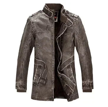 High Quality Leather Jacket Men Slim Warm Washed Leather Motorcycle Biker Jackets Standing Collar Coat Plus size 4XL Long Parkas