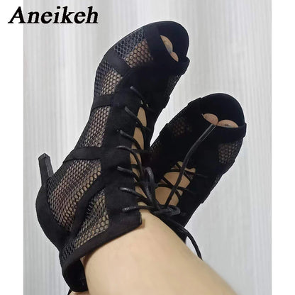 Aneikeh 7CM Middle Heel Dance Hollow Out Ankle Strap Sandal Boots 2023 Fashion Summer Lace Up Cross-tied Peep Toe Lady Shoes