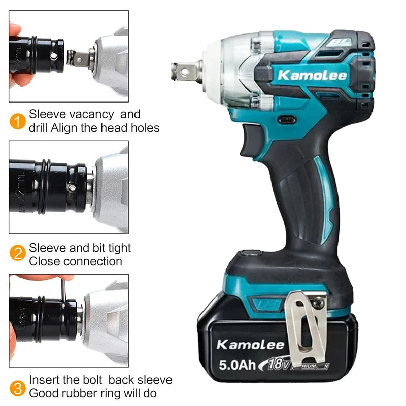 Kamolee Tool DTW285 520N.m High Torque Brushless Electric Impact Wrench 1/2 & 1/4 Inch Compatible With Makita 18V Battery