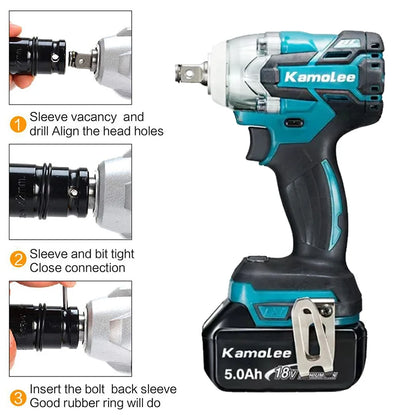 Kamolee Tool DTW285 520N.m High Torque Brushless Electric Impact Wrench 1/2 & 1/4 Inch Compatible With Makita 18V Battery