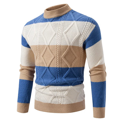 Fashion Patchwork Knitted Sweater Men Autumn Winter Mock Neck Long Sleeve Knit Pullovers Mens Youthful Vitality Casual Sweater