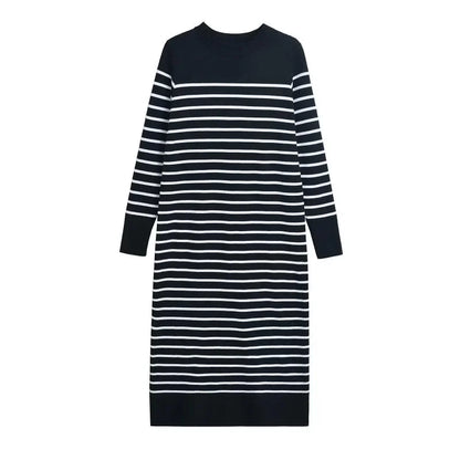 Winter New Women's Clothing Round Neck Long Sleeve Striped Knit Dress European American Style Women's Fashion