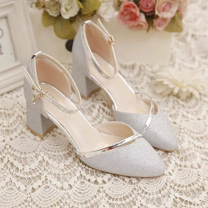 Summer New Baotou Sandals Women's Pointed Root Thick Heel Women's Shoes A Button Fashion Sandals Zapatos De Mujer