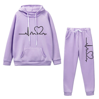 Women's 2-piece Set, Hooded Sweatshirt And Printed Pants, Running Sportswear, Girls' Warm Sportswear, Autumn And Winter