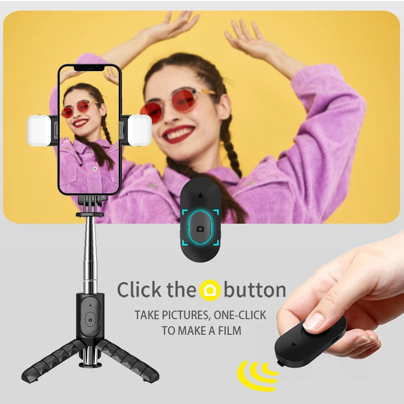 Double Fill Light Selfie Stick Tripod with Wireless Remote, Mini Extendable 4 in 1 Monopod - 360° Rotation Phone Stand Holder