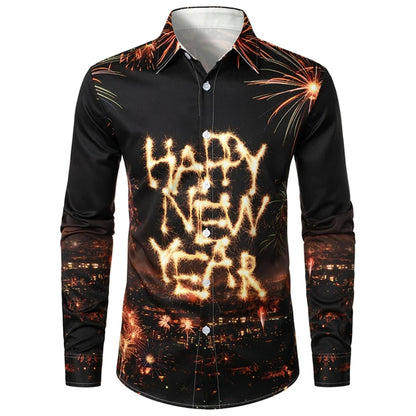 2025 New Year Men's Shirts Happy New Year 3d Print Long Sleeve Shirts For Men Casual Fashion Men's Clothing Loose Oversize Shirt