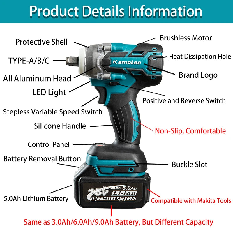 Kamolee  520N.m High Torque Brushless Electric Impact Wrench 1/2 & 1/4 Inch Compatible With Makita 18V Battery [DTW285-B]