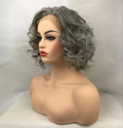 Women Shoulder Length T Part Lace Front Wigs Synthetic Curly Wig Wavy Gray Short