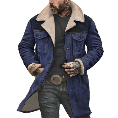 Men Jacket Large Plush Lapel Long Sleeve Vintage Suede Jacket with Pockets Zipper Up Mid-length Motorcycle Coat