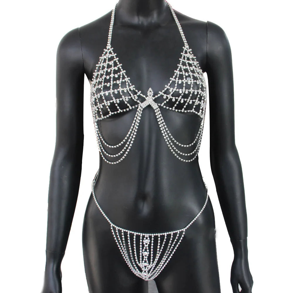 Sexy Nightclub Prom Body Chain Set For Girl Summer Bikini underwear Rhinestone Jewelry Sparkly Tassel Belly Dance Bra Chain