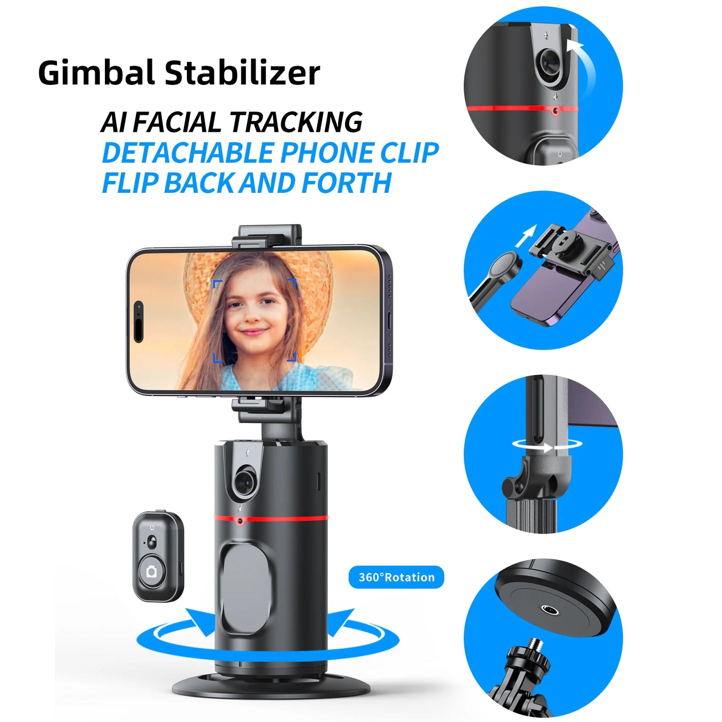 Handheld Gimbal Stabilizer Detachable Phone Clip Smart Face Tracking Wireless Selfie Stick Tripod Phone Holder with Light