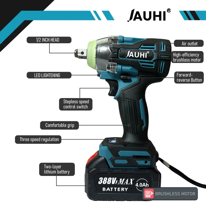 JAUHI 520N.M Brushless Electric Impact Wrench Cordless Electric Wrench 1/2 inch for Makita 18V Battery Screwdriver Power Tools