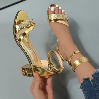 2024 New Fashion Women's High Heel Sandals Summer Popular New Shiny Diamond Gold Anti-slip Sandalias Zapatos Shoes for Woman